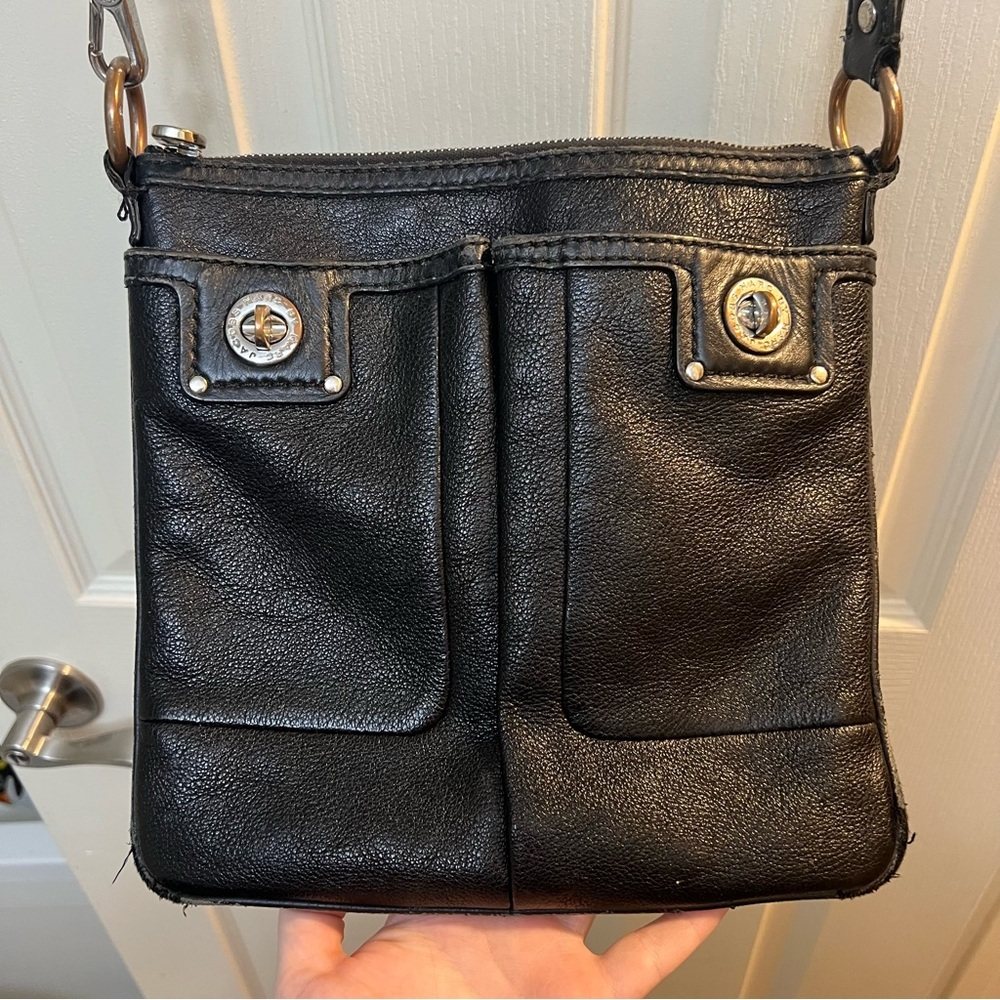 Marc by Jacobs Black Pebbled Leather Crossbody Bag with Twist Lock Slip Pockets